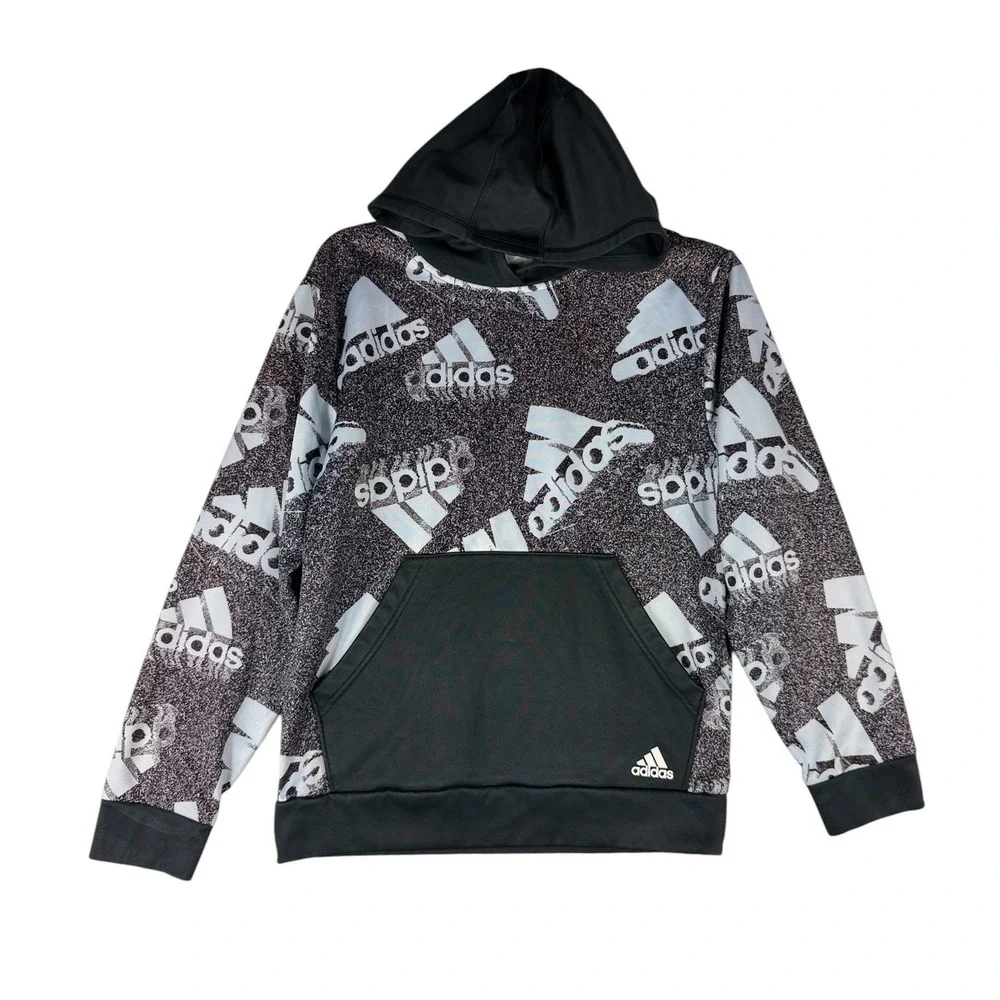 Adidas Boys Large 14/16 Pullover Hoodie Black White All Over Logo Print Sporty